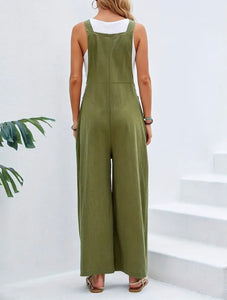 Sleeveless Long Length Jumpsuit, Casual Baggy Jumpsuit With Pockets, Women's Clothing