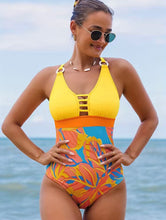 Load image into Gallery viewer, One Piece, V Neckline Ring-Linked Tummy Control High Cut Hip Bathing Suit