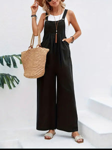 Sleeveless Long Length Jumpsuit, Casual Baggy Jumpsuit With Pockets, Women's Clothing